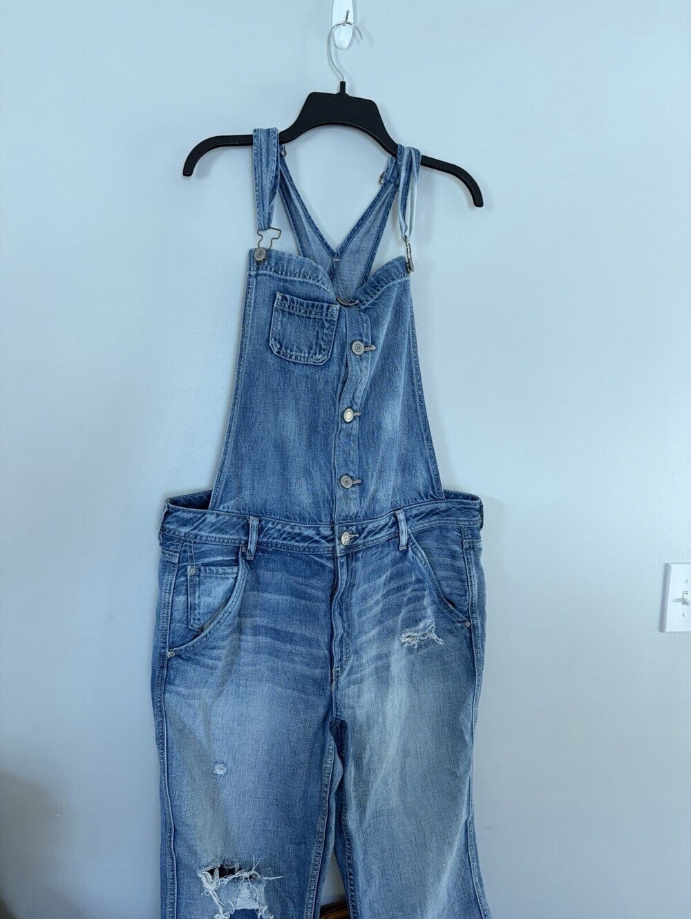 Button Front American Eagle Women's Ripped Denim Overalls Size XL